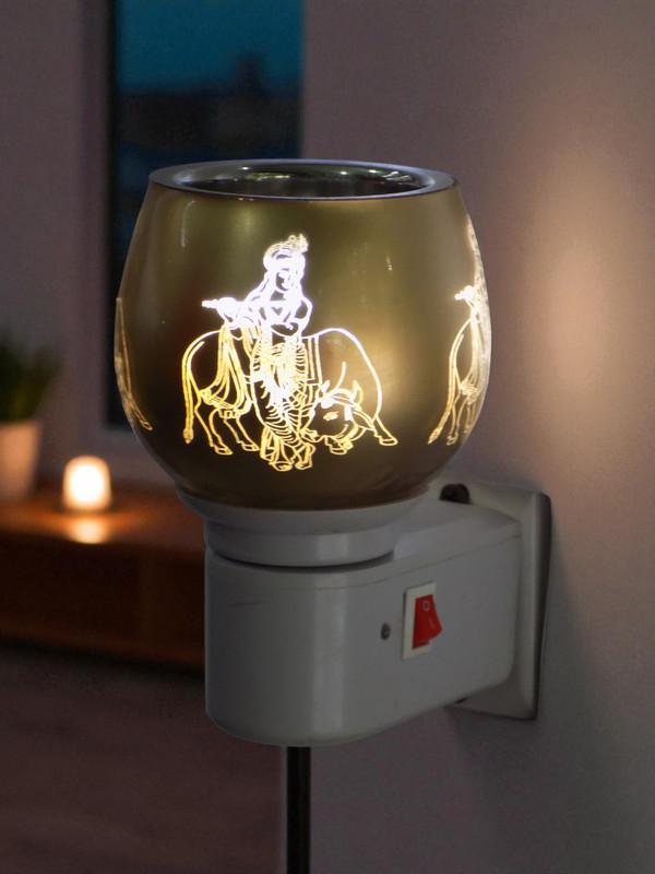 Electric Kapoor Dani with Aroma Oil Diffuser – Gold Krishna Design Camphor Burner for Home & Pooja Room | Plug-in Air Freshener with Blueberry Fragrance Oil | Room Freshener & Home Décor