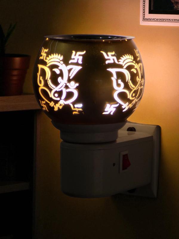 Electric Kapoor Dani with Power Flower Oil Combo | Camphor Diffuser Electric for Home Pooja | Ganpati Swastik Design Dhoop Burner | Smoke-Free Kapoor Machine & Aroma Diffuser (Golden)