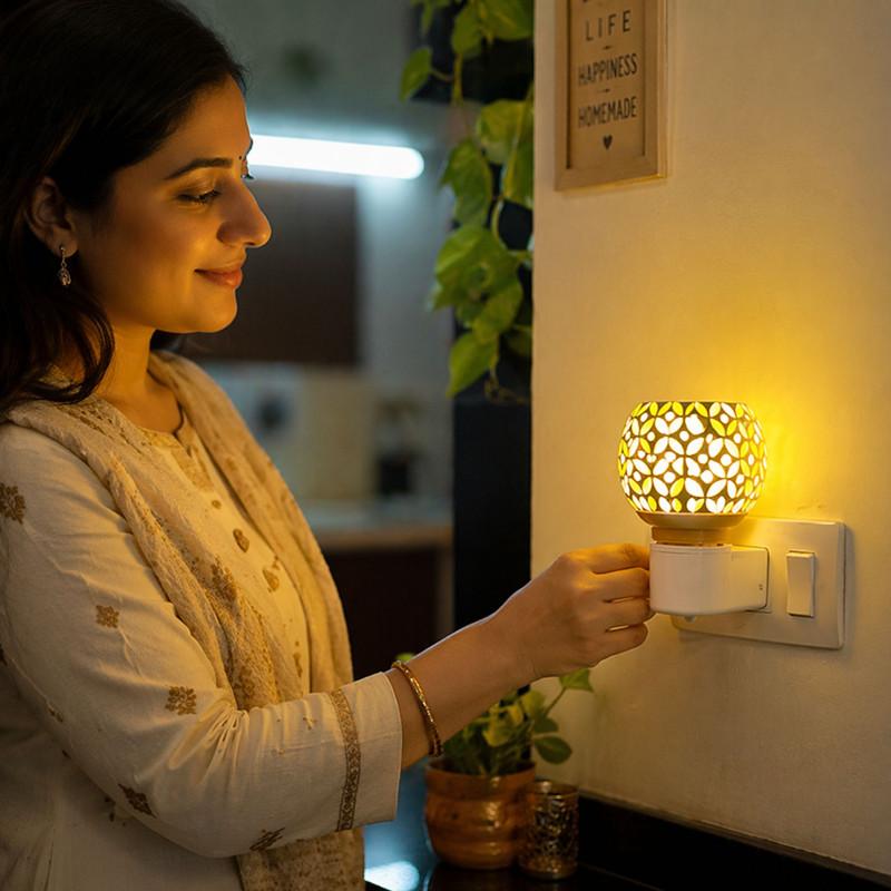 Electric Aroma Diffuser with Sandalwood Fragrance Oil, Handcrafted Ceramic Aroma Lamp, Plug-in Fragrance Oil Burner with Night Light, Crystal & Gold Mosaic Home Decor for Bedroom Temple Office
