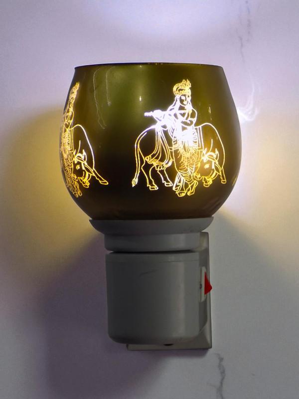 Electric Kapoor Dani with Aroma Oil Diffuser – Gold Krishna Design Camphor Burner for Home & Pooja Room | Plug-in Air Freshener with Blueberry Fragrance Oil | Room Freshener & Home Décor